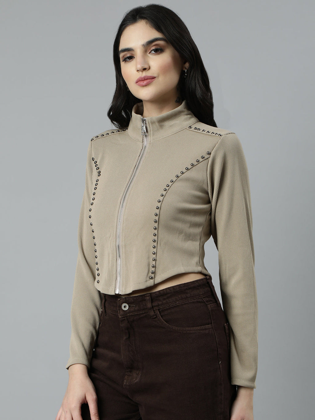 Women's Solid Beige Crop Top