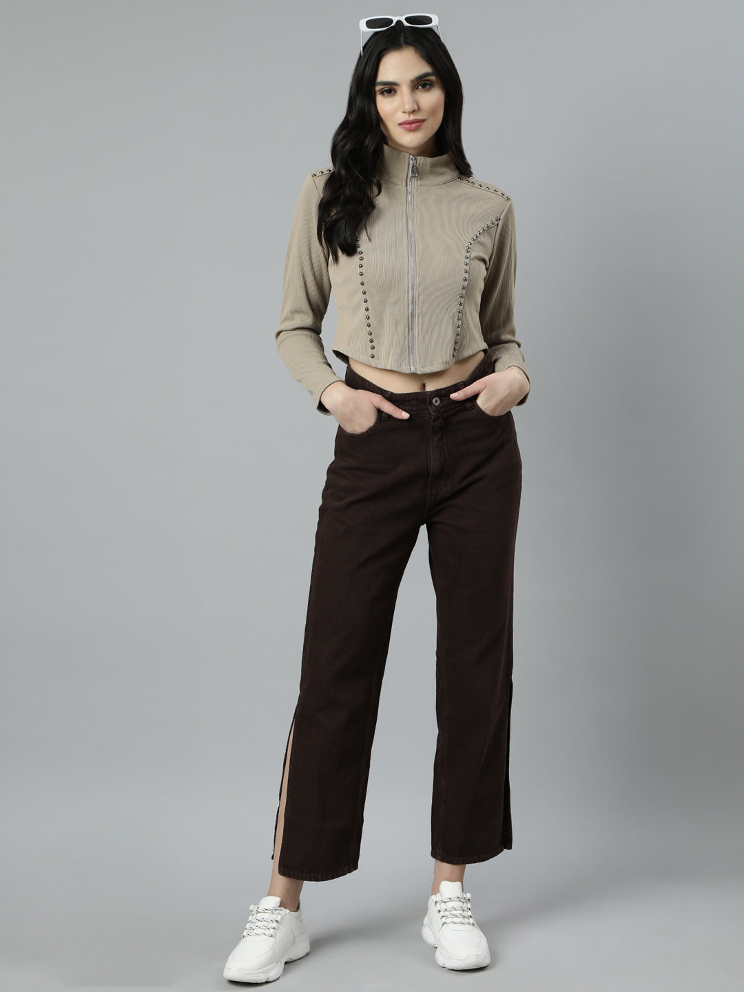 Women's Solid Beige Crop Top