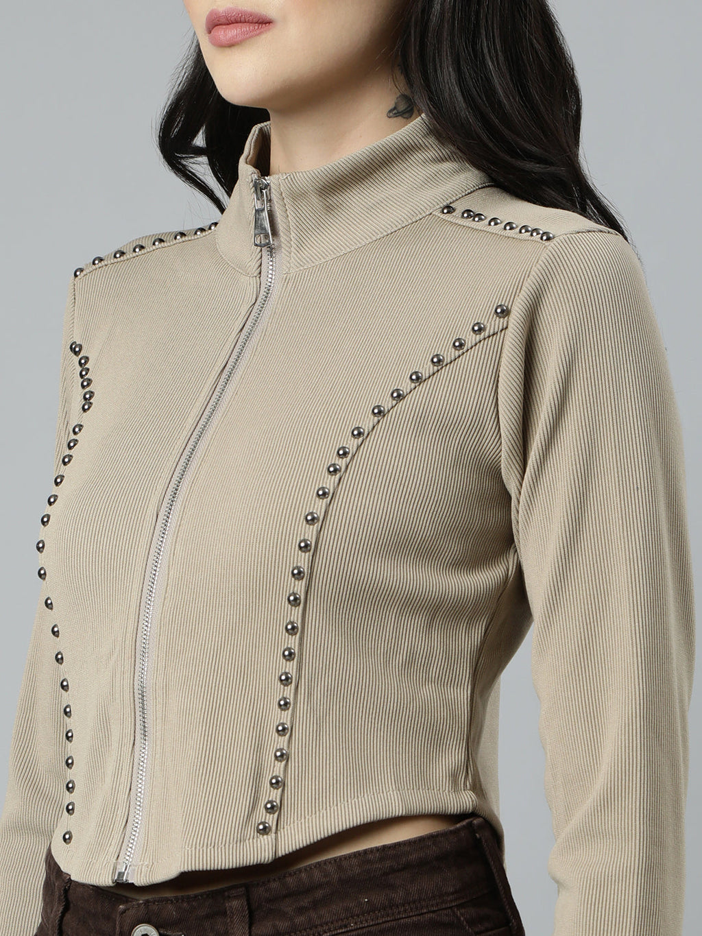 Women's Solid Beige Crop Top