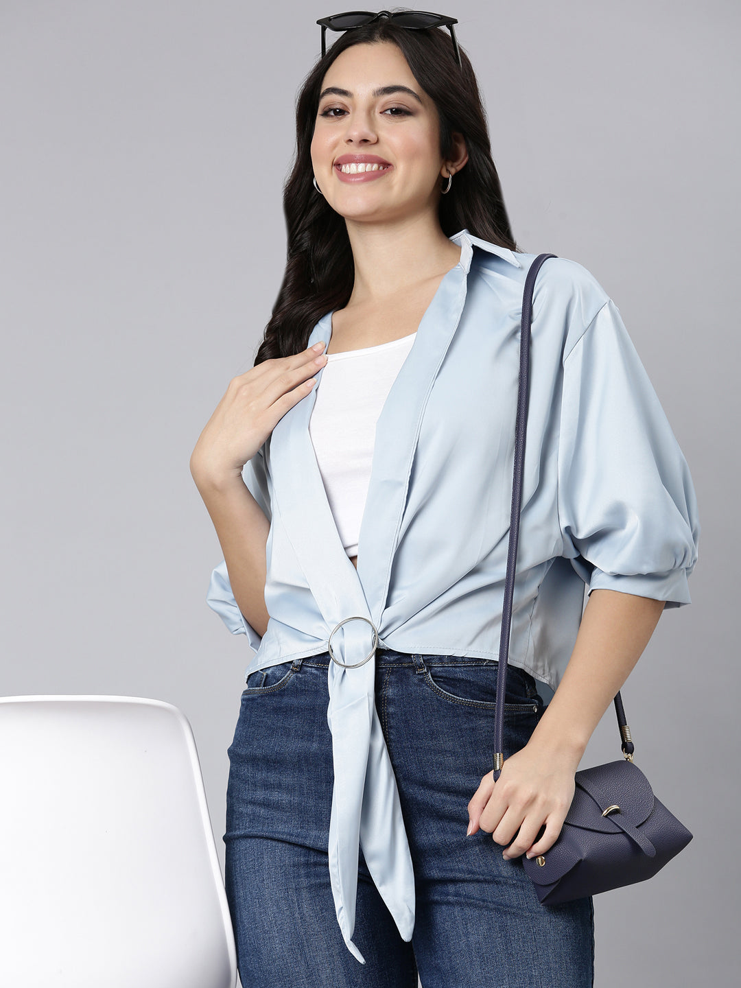 Women's Blue Puff Sleeve Satin Shirt Style Top
