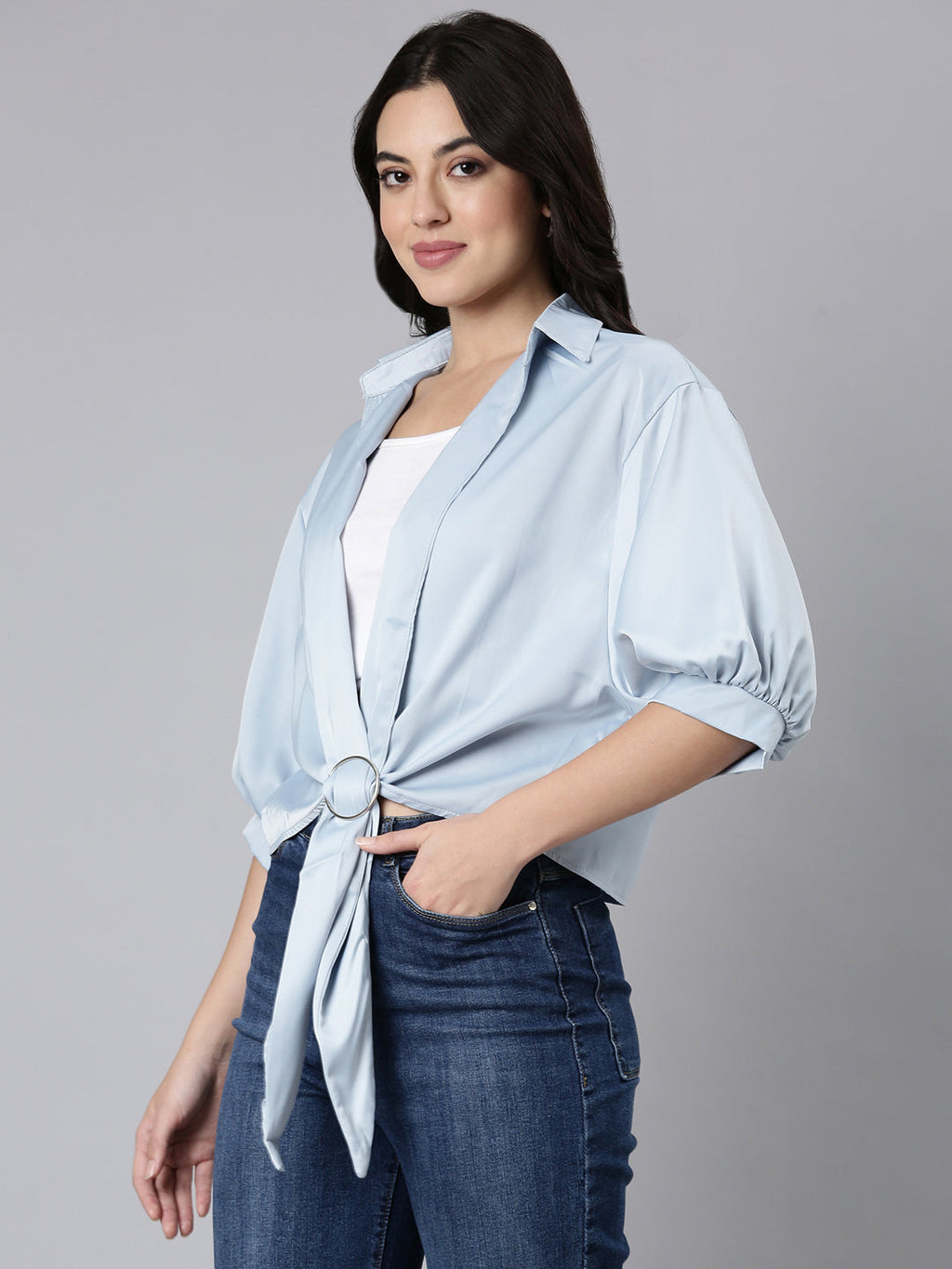 Women's Blue Puff Sleeve Satin Shirt Style Top