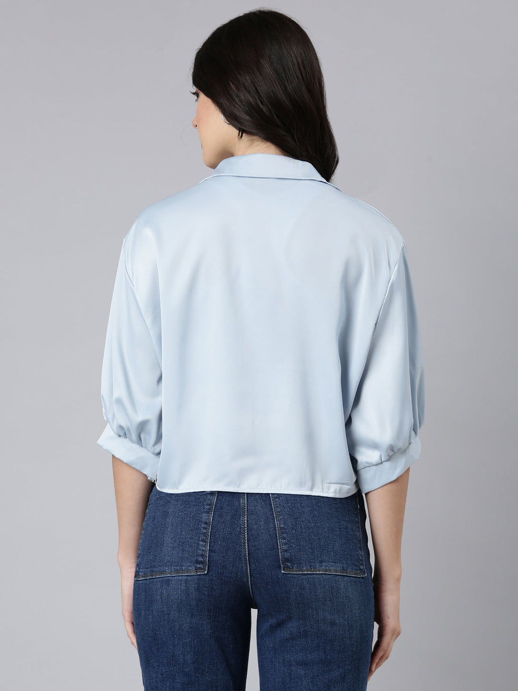 Women's Blue Puff Sleeve Satin Shirt Style Top
