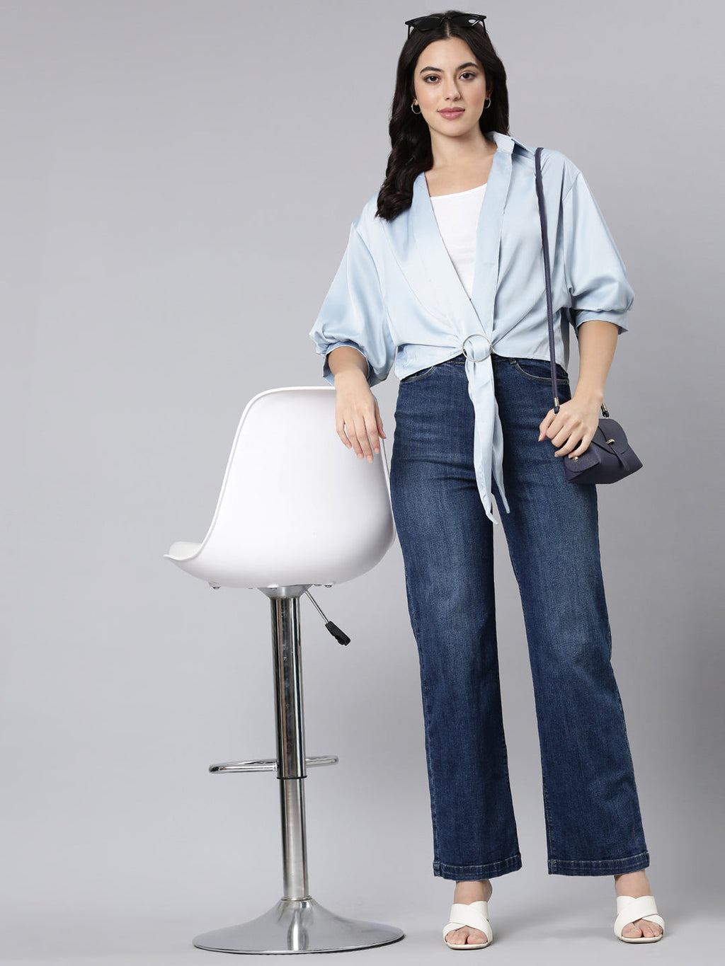 Women's Blue Puff Sleeve Satin Shirt Style Top