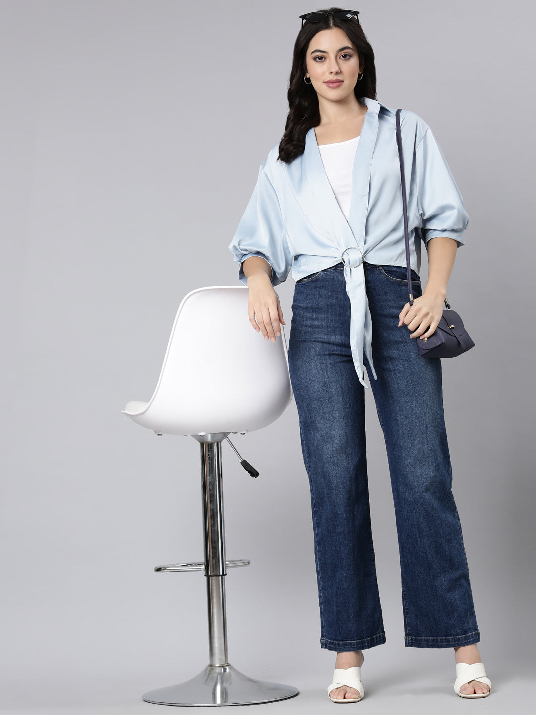 Women's Blue Puff Sleeve Satin Shirt Style Top