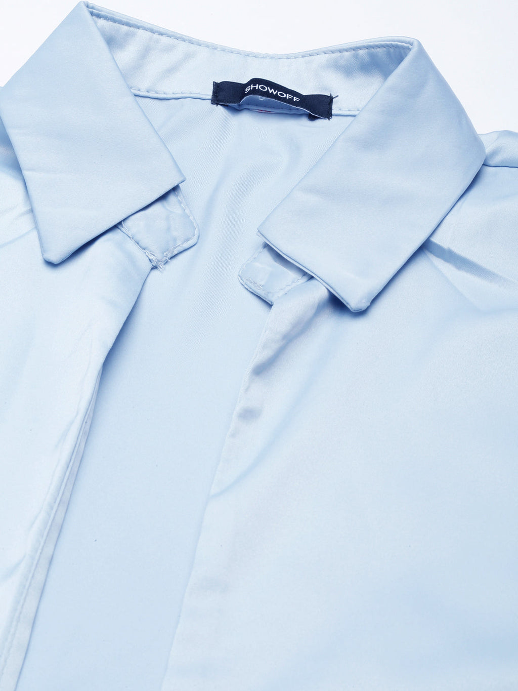 Women's Blue Puff Sleeve Satin Shirt Style Top