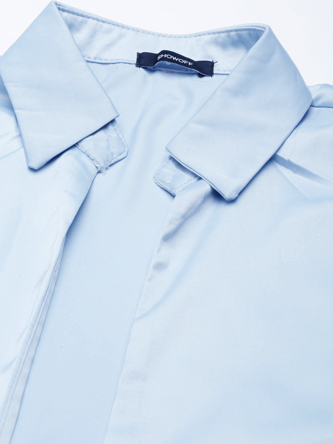 Women's Blue Puff Sleeve Satin Shirt Style Top