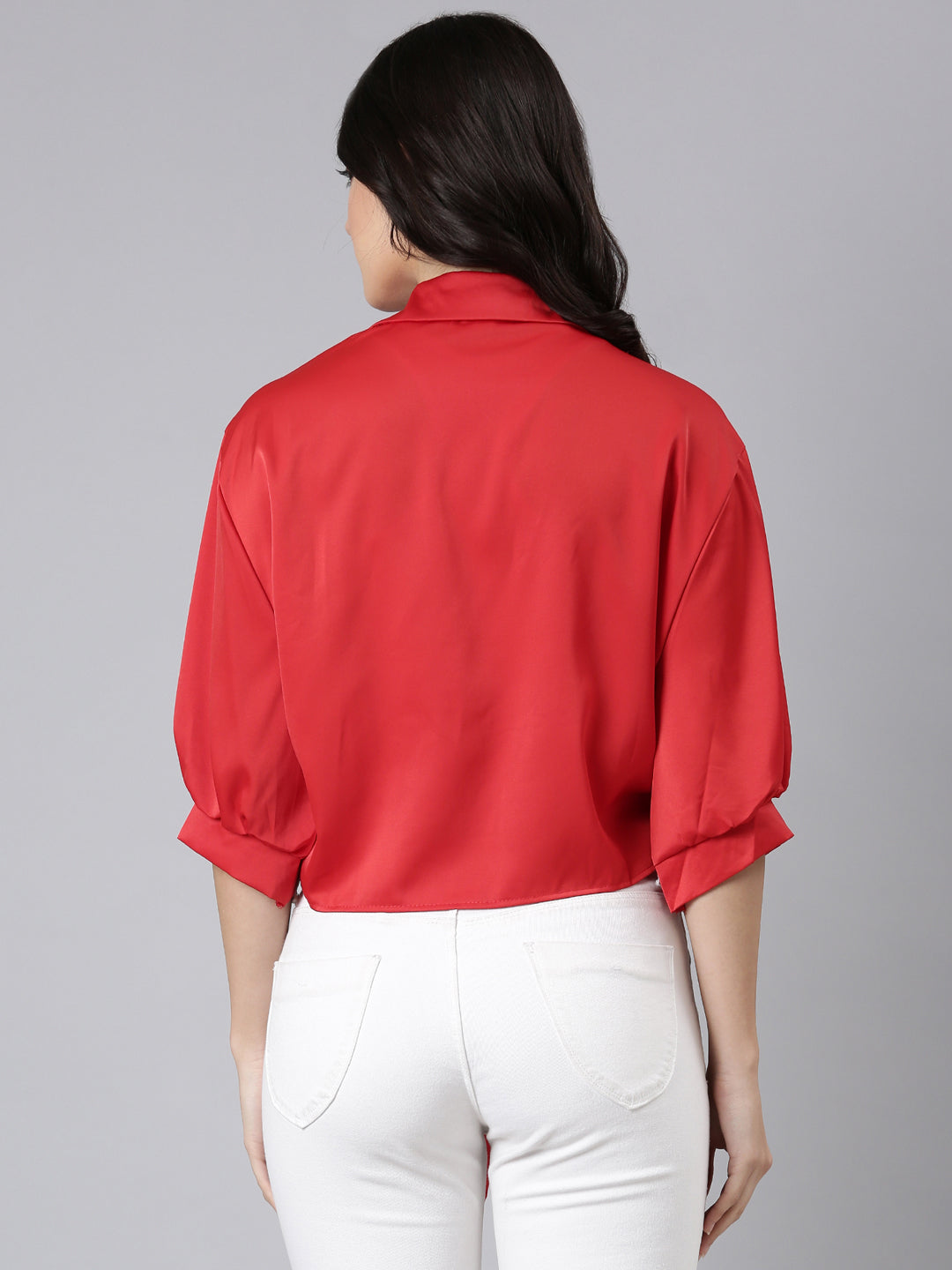Women's Red Puff Sleeve Satin Shirt Style Top