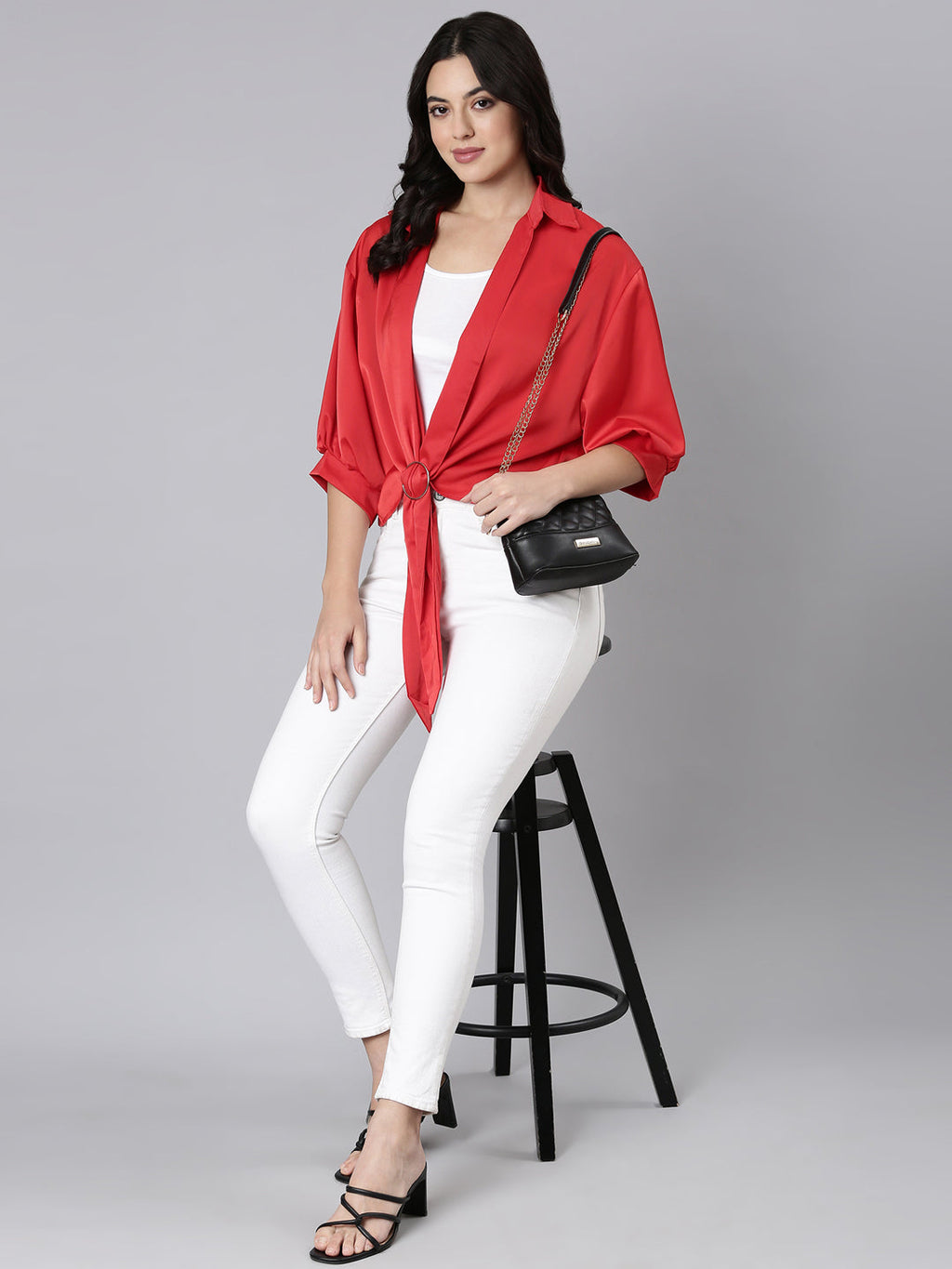 Women's Red Puff Sleeve Satin Shirt Style Top