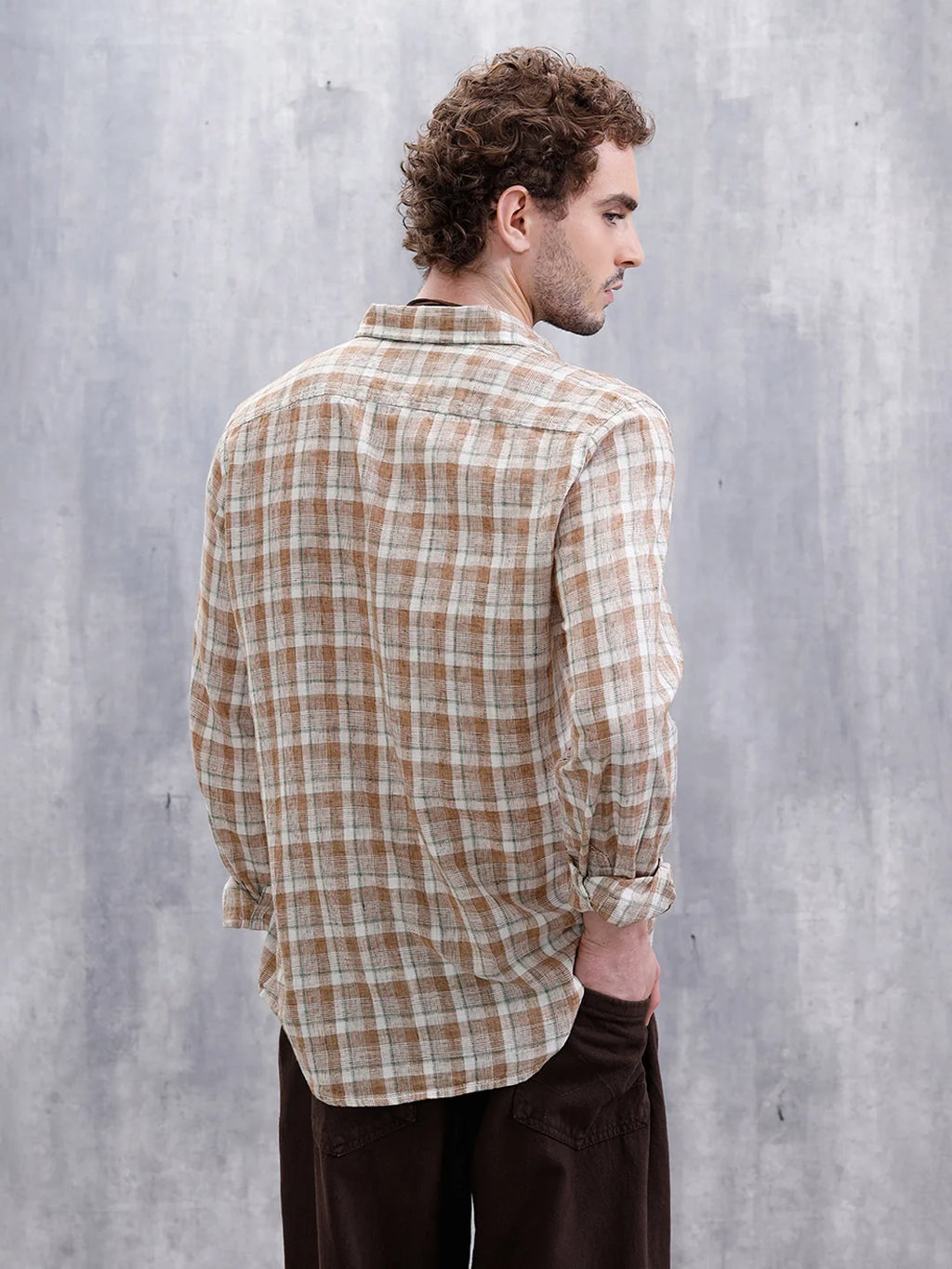 Checked Linen Blend Shirt  | Khaki