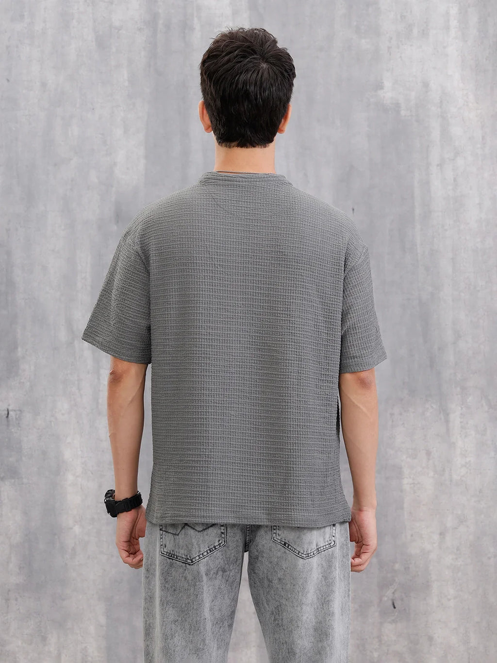 Honeycomb Textured Knit Crew Neck Pullover In Oversized Fit  |  Grey