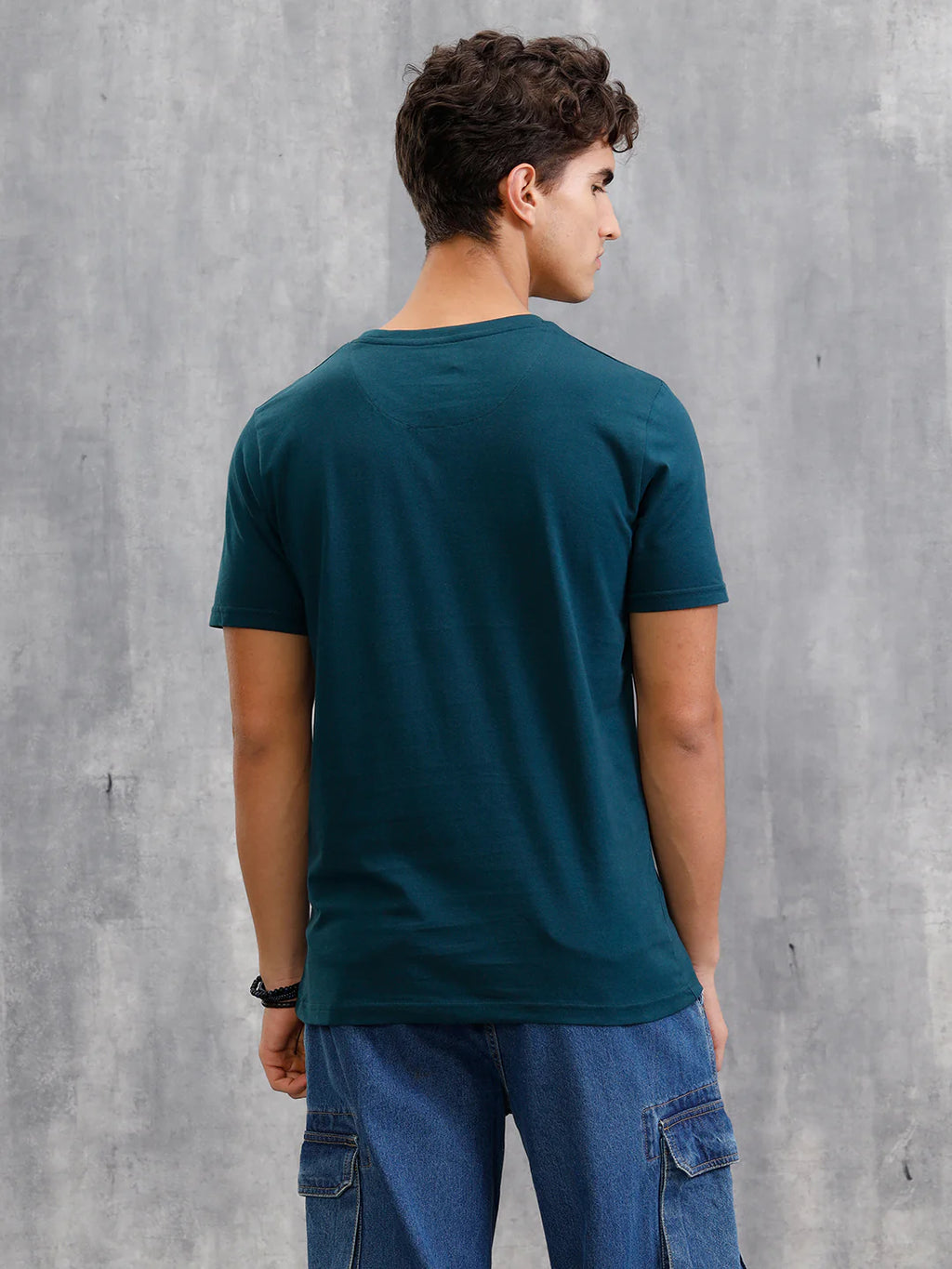 Denim Patchwork Inspired Chest Graphic T-Shirt | Teal