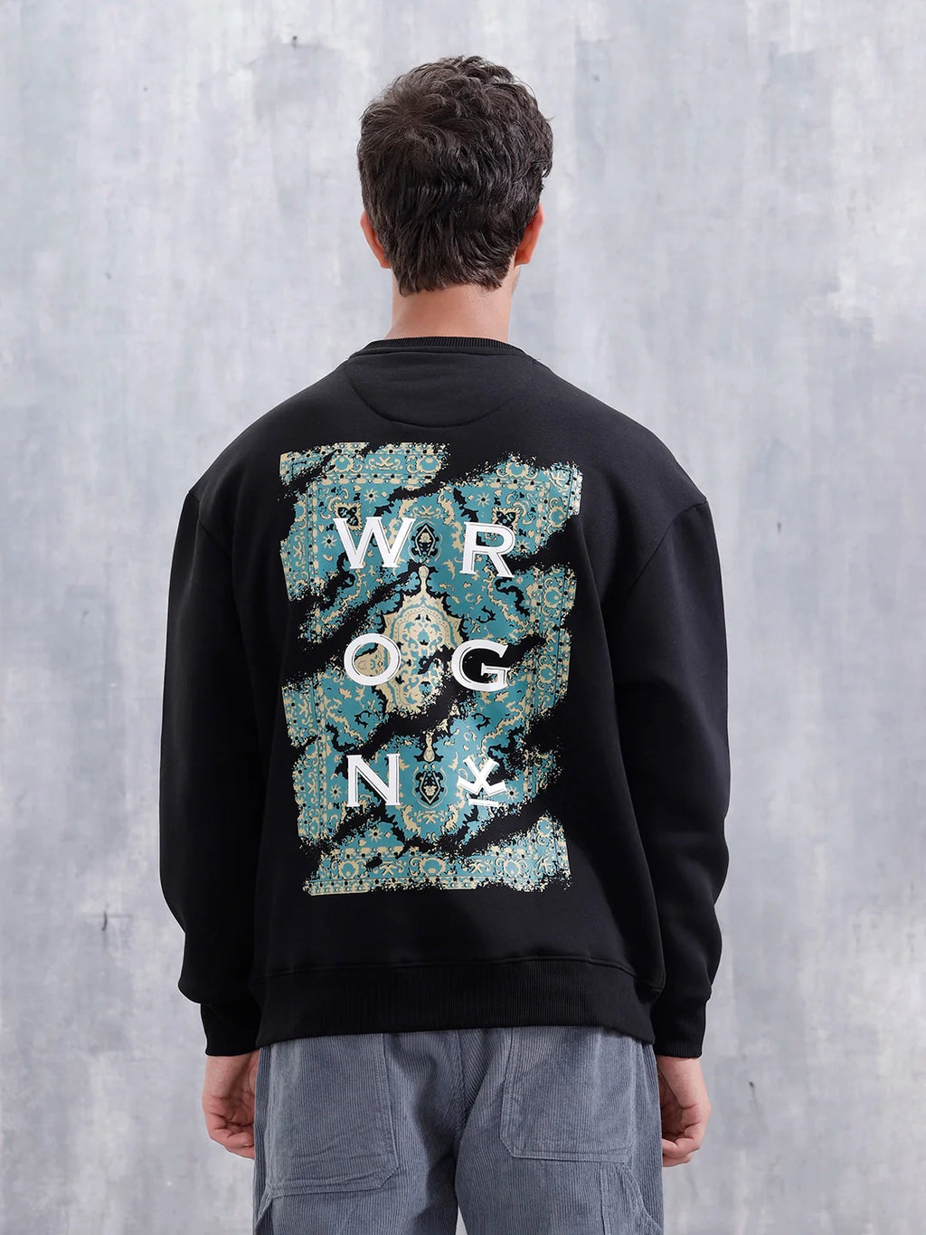Carpet Tapestry Inspired Oversized Fleece Back Print Sweatshirt | Black