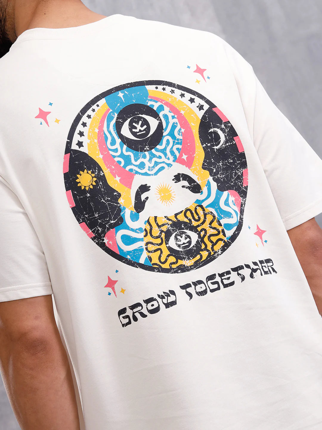 Grow Together Zen Inspired Oversized Back Print Crew Neck T-Shirt  | Off White