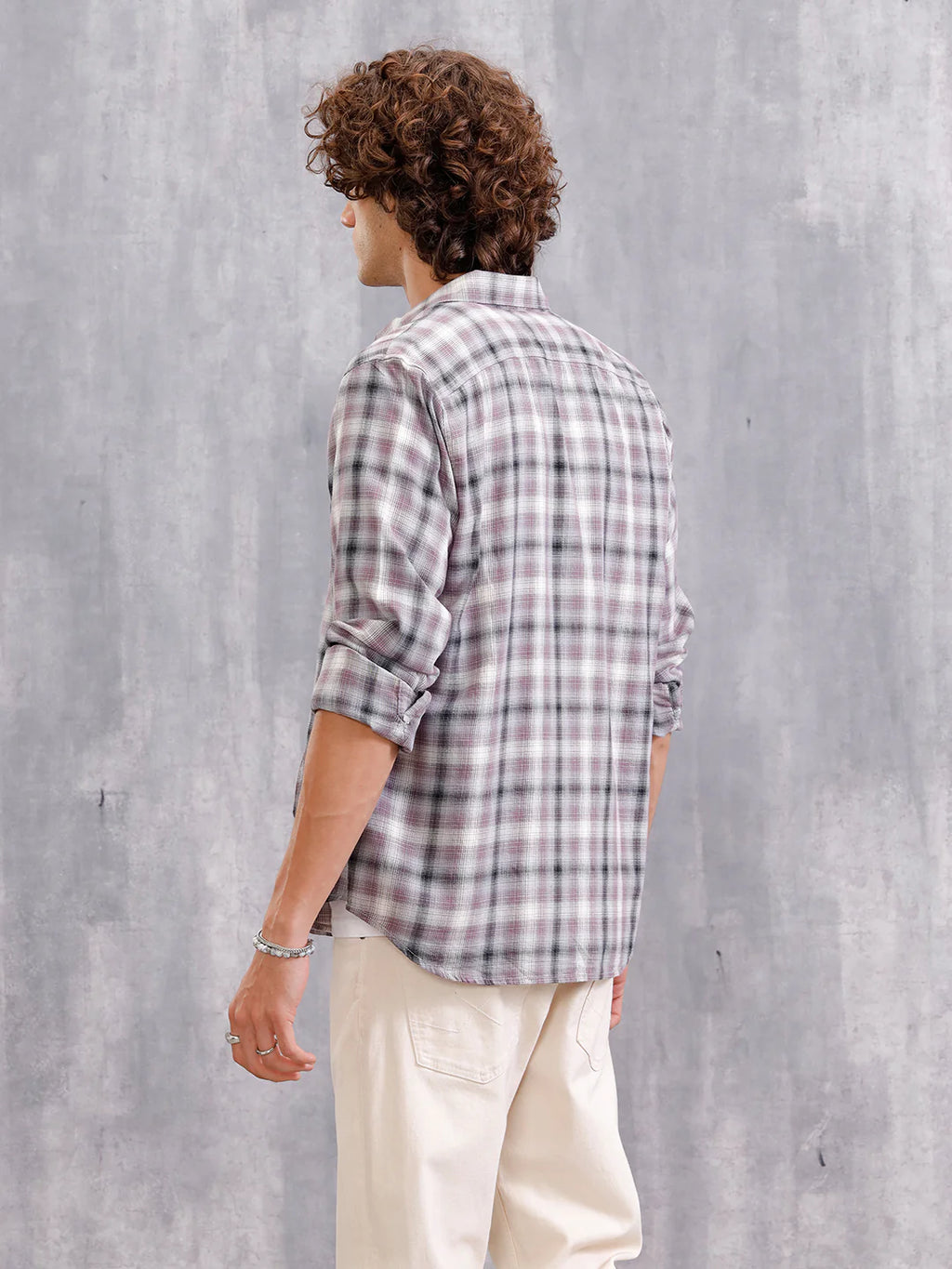 Cotton Twill Shadow Check Shirt In Slim Fit | Grey