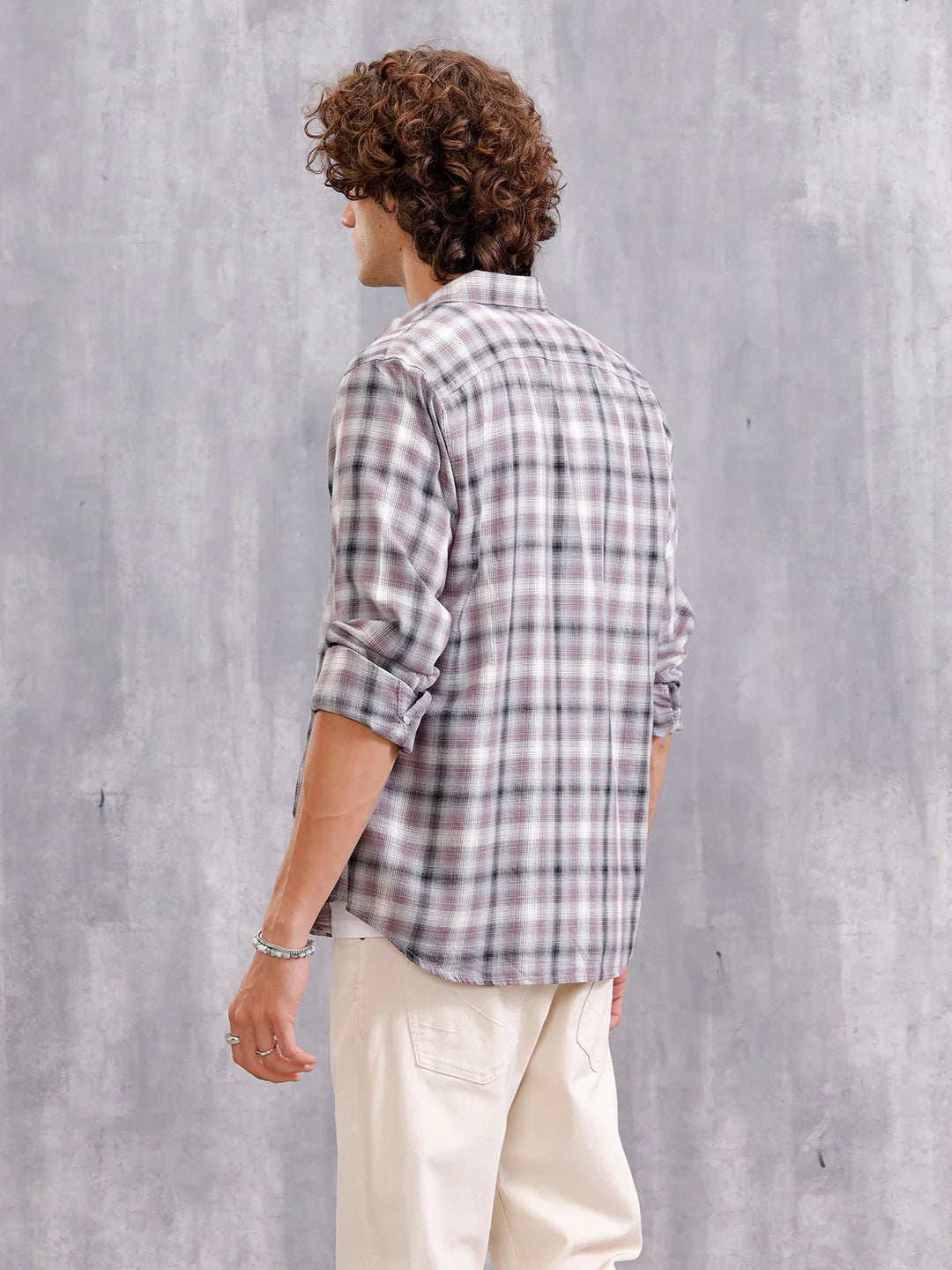 Cotton Twill Shadow Check Shirt In Slim Fit | Grey