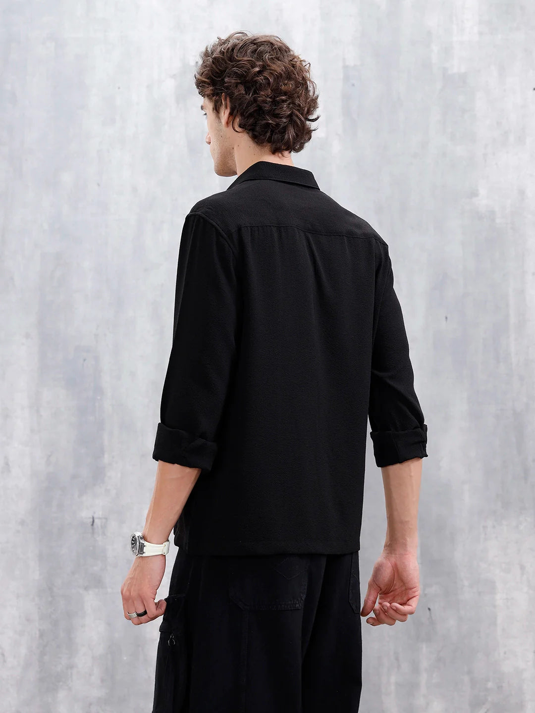 Comfort Fit Solid Shirt With Utility Pockets | Black