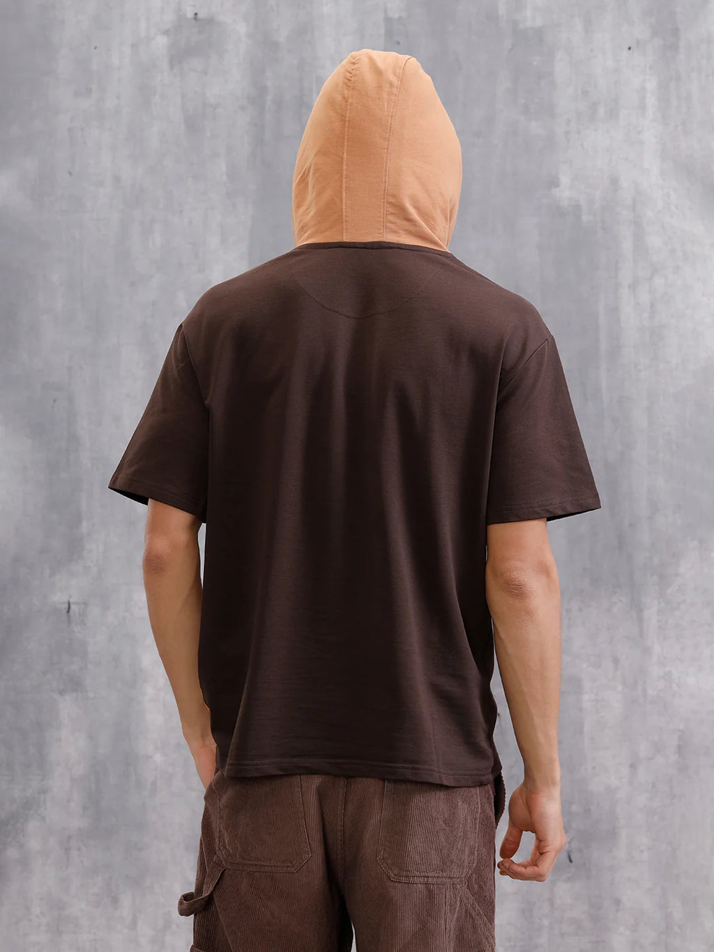 Asymmetrical Colorblocked Textured Hoodie With Printed Canvas Patch | Brown