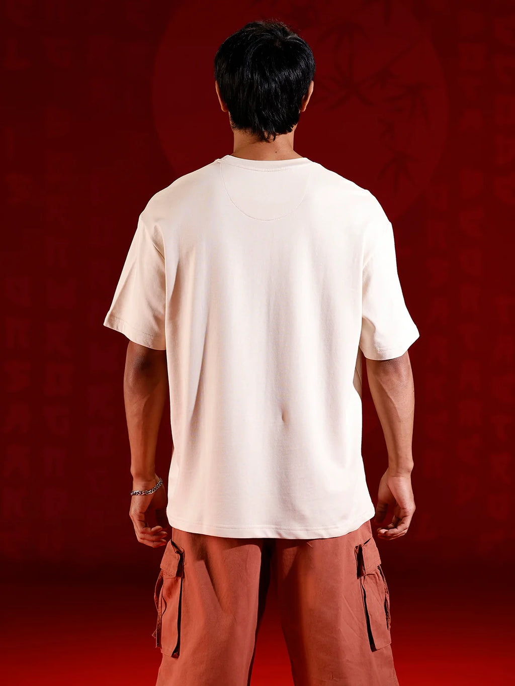 Oversized T-shirt with Samurai Graphic Print | Beige