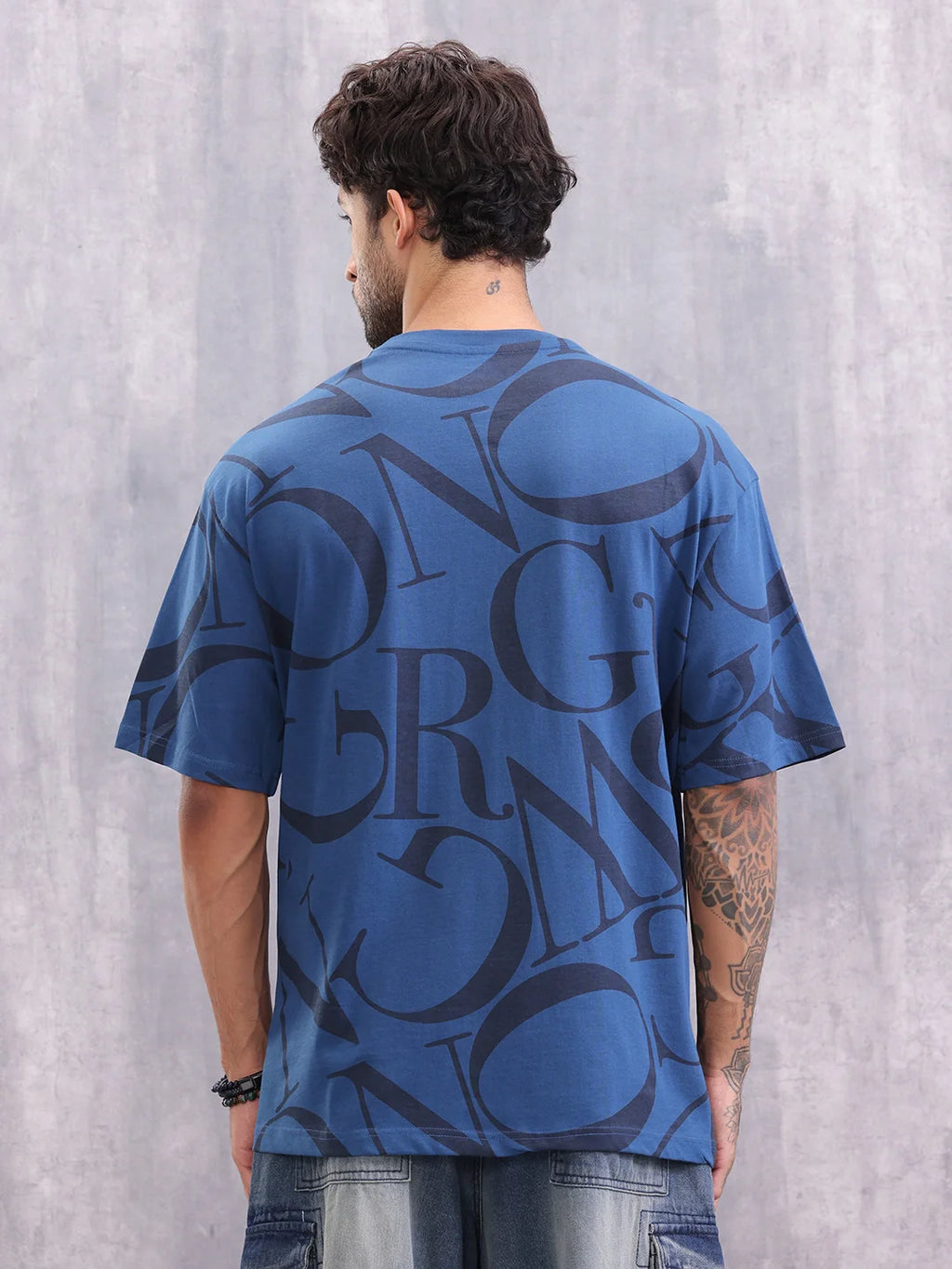 Typo Inspired Tonal Aop Oversized Fit T-shirt | Dark Blue