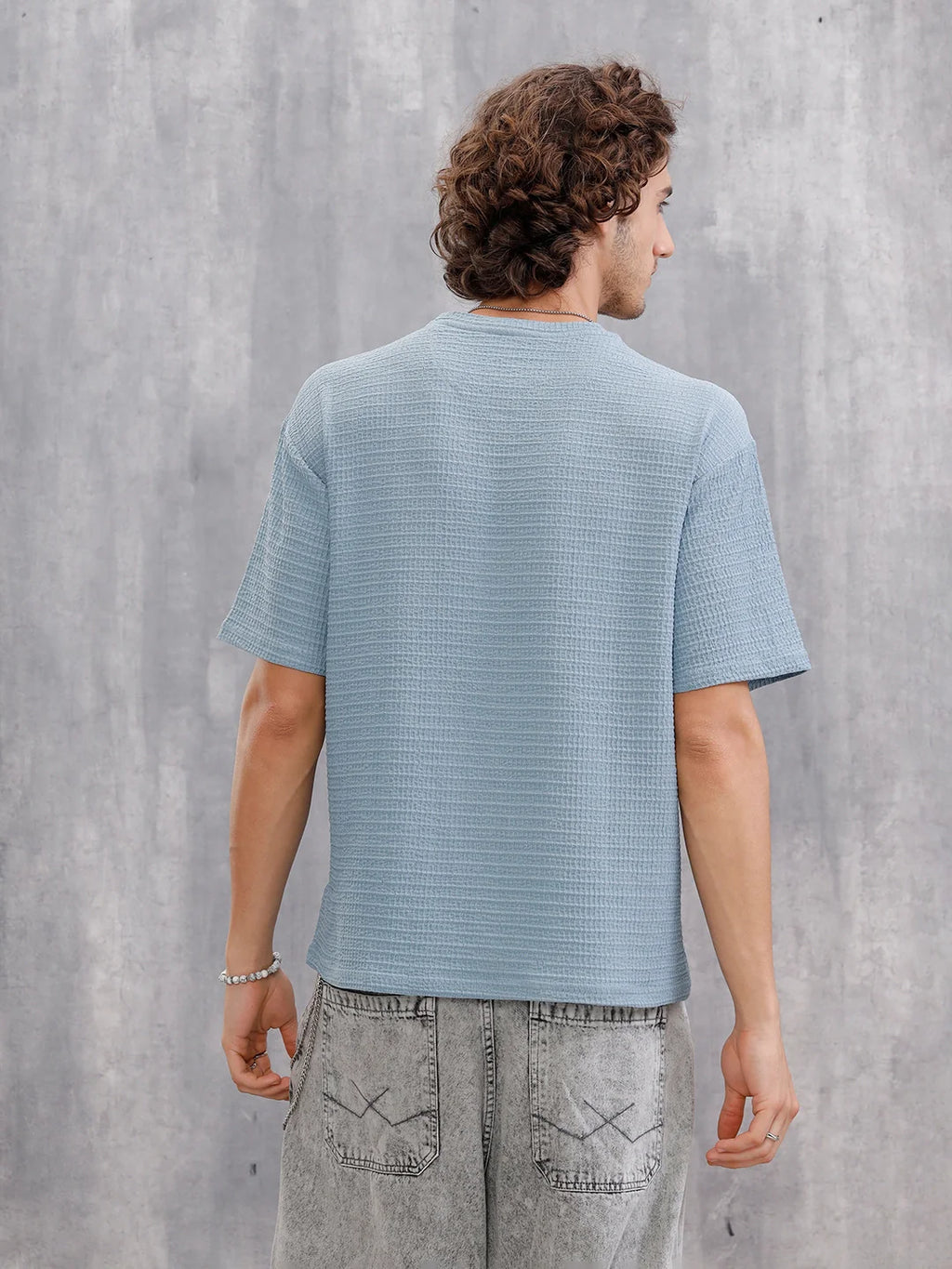 Oversized Jacquard Textured Crew Neck T-Shirt  |  Blue