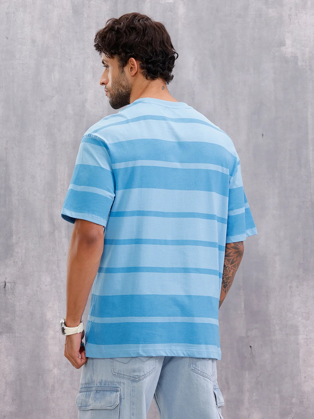 Tonal Printed All Over Striper Tee I Blue