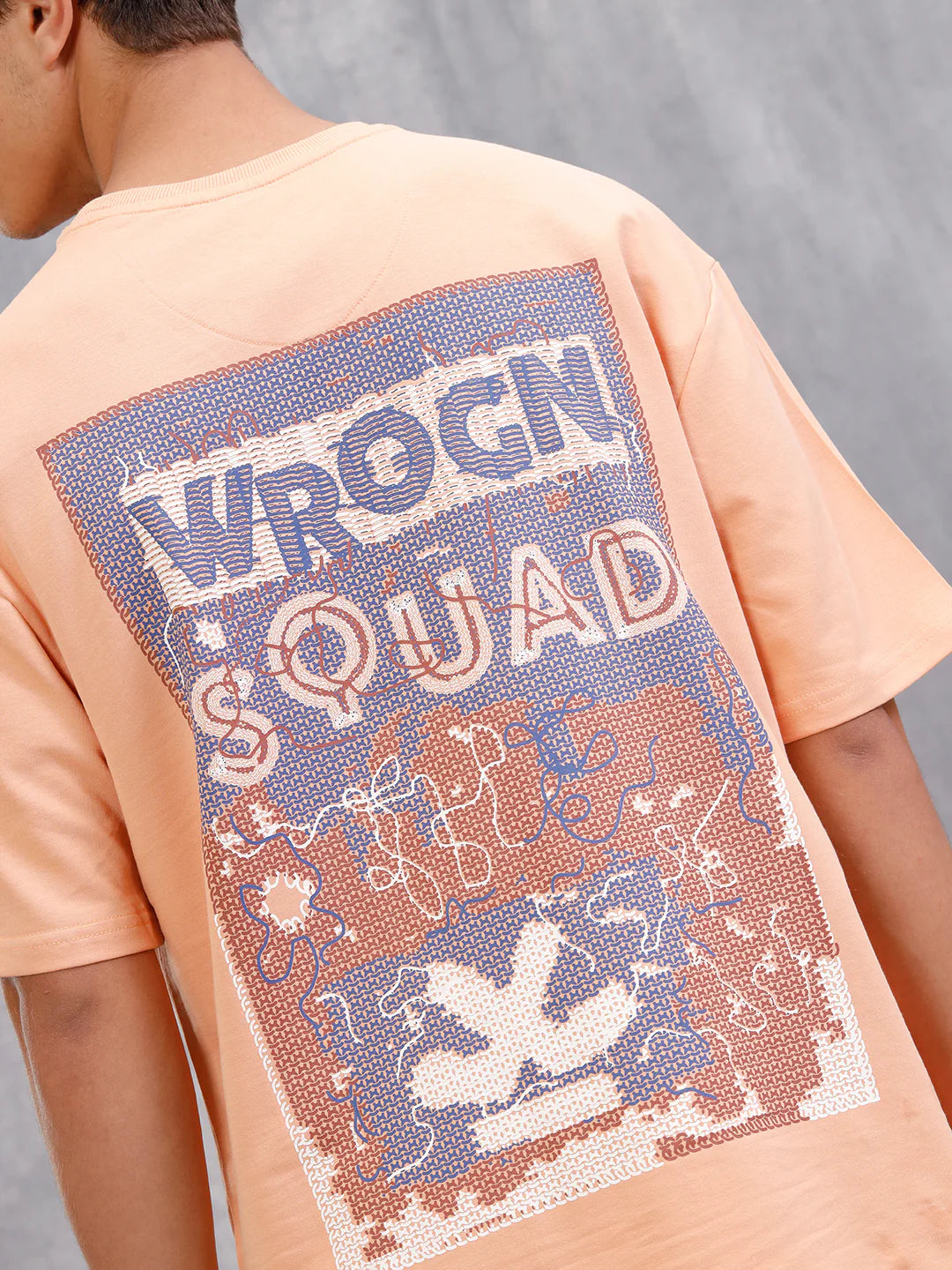 Frayed Yarn Look Wrogn Squad Oversized Back Print Crew Neck T-Shirt | Peach