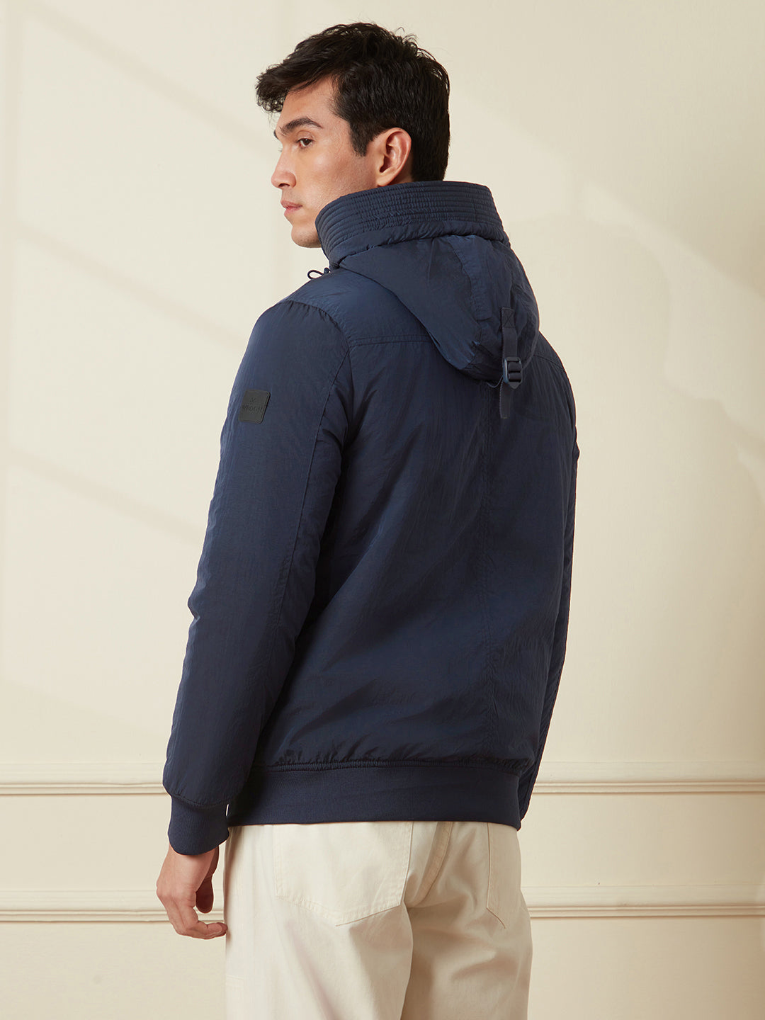 Crushed Metallic Hooded Jacket | Navy Blue