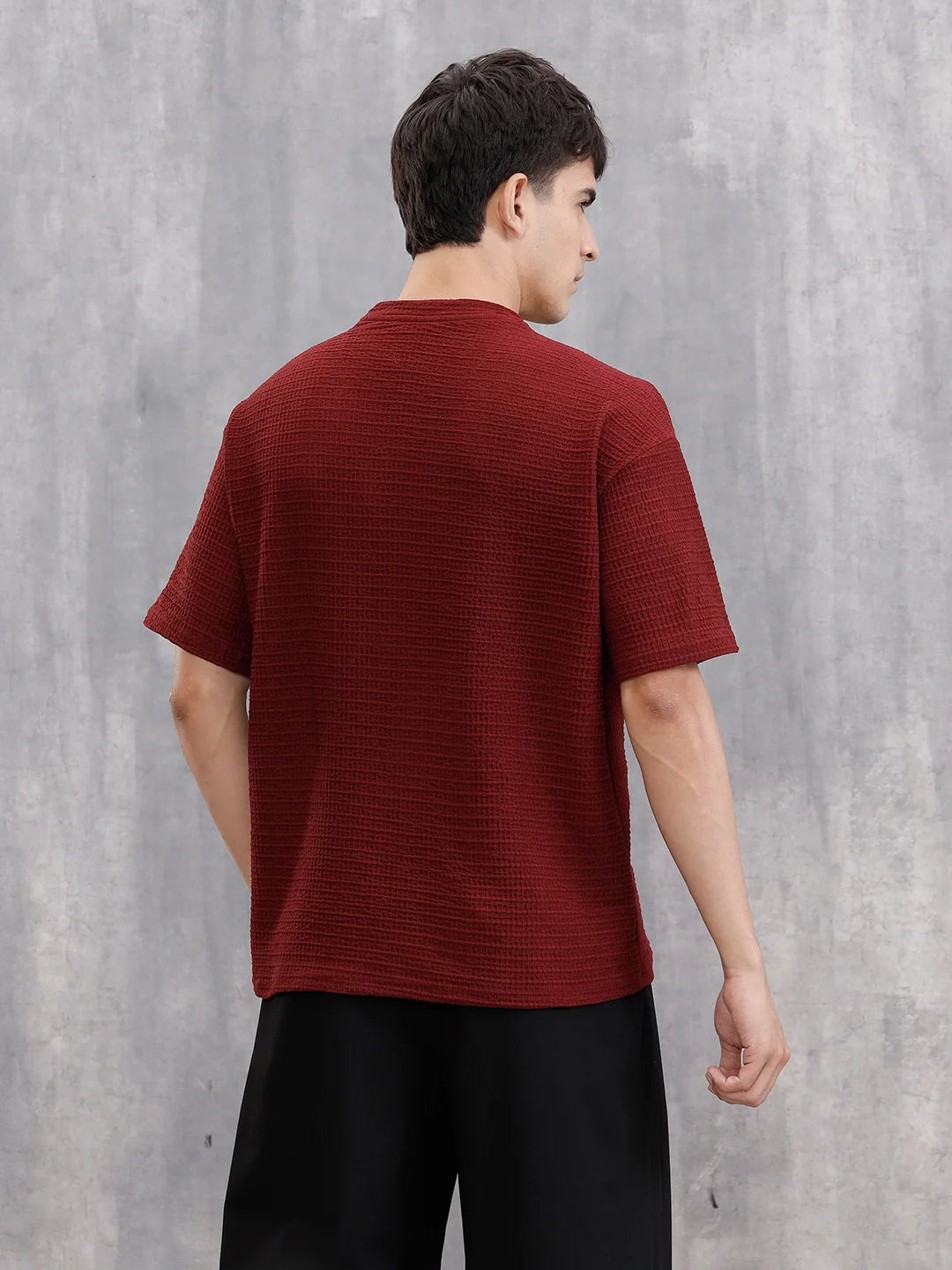 Oversized Jacquard Textured Crew Neck T-Shirt   | Maroon