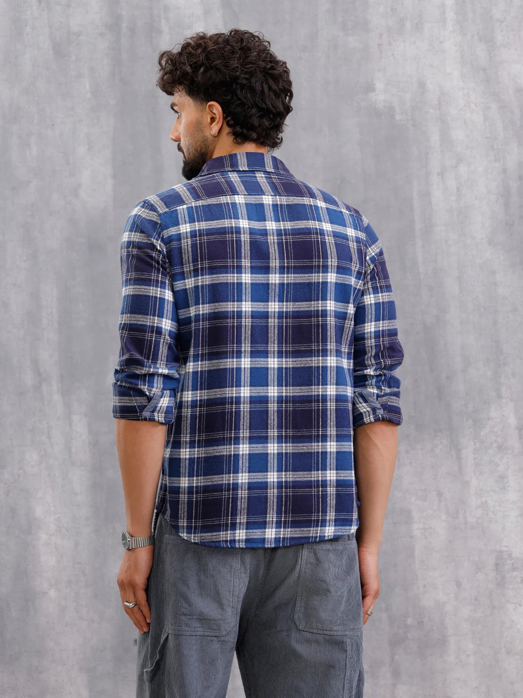 Brushed Flannel Check Shirt In Slim Fit  | Navy Blue