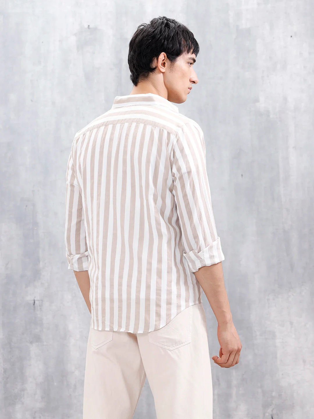 Comfort Fit Striped Casual Shirt For Men | Beige