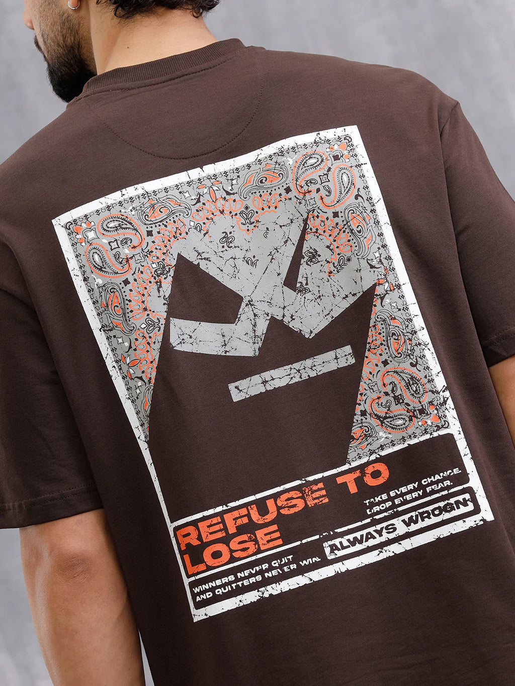 Bandana Inspired Oversized Back Print Crew Neck T-Shirt | Brown