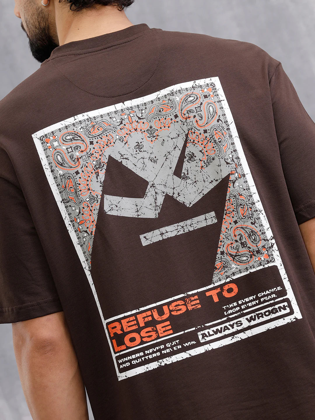 Bandana Inspired Oversized Back Print Crew Neck T-Shirt | Brown