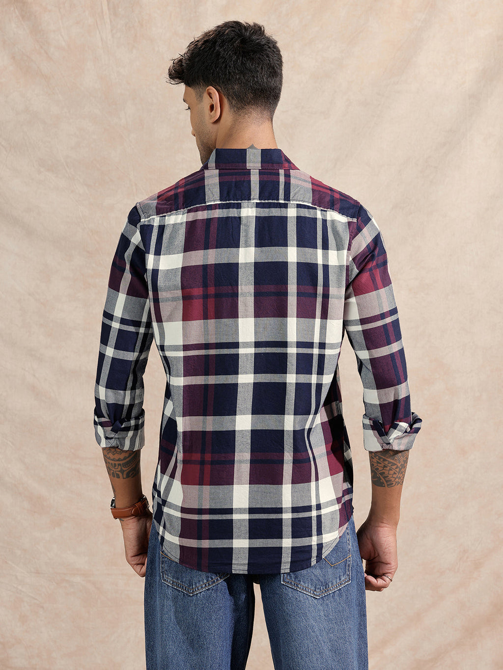Checked Twill Slim Fit Shirt | Maroon