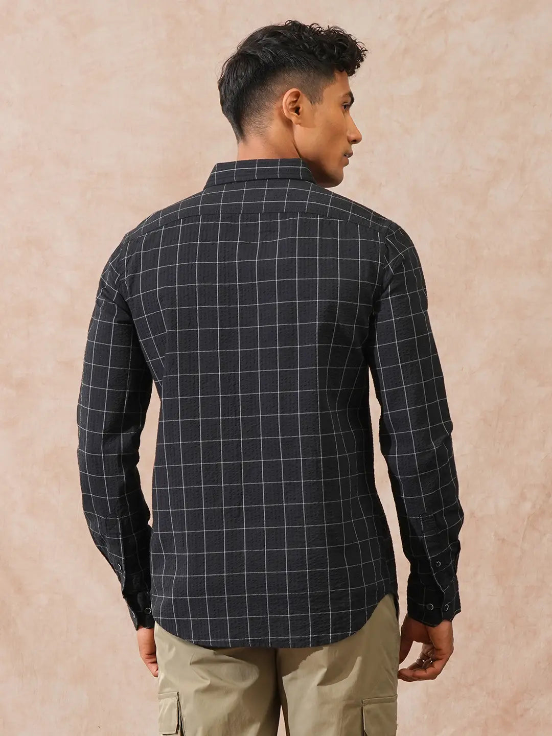 Checked Seersucker Slim Fit Shirt | Black