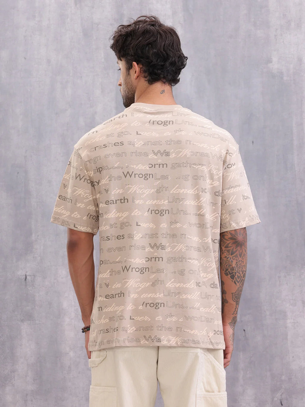 Typo Inspired Aop Oversized Fit T-shirt | Beige