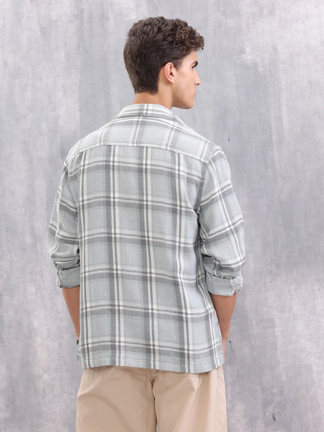 Comfort Fit Double Pocket Checks Shirt I Grey