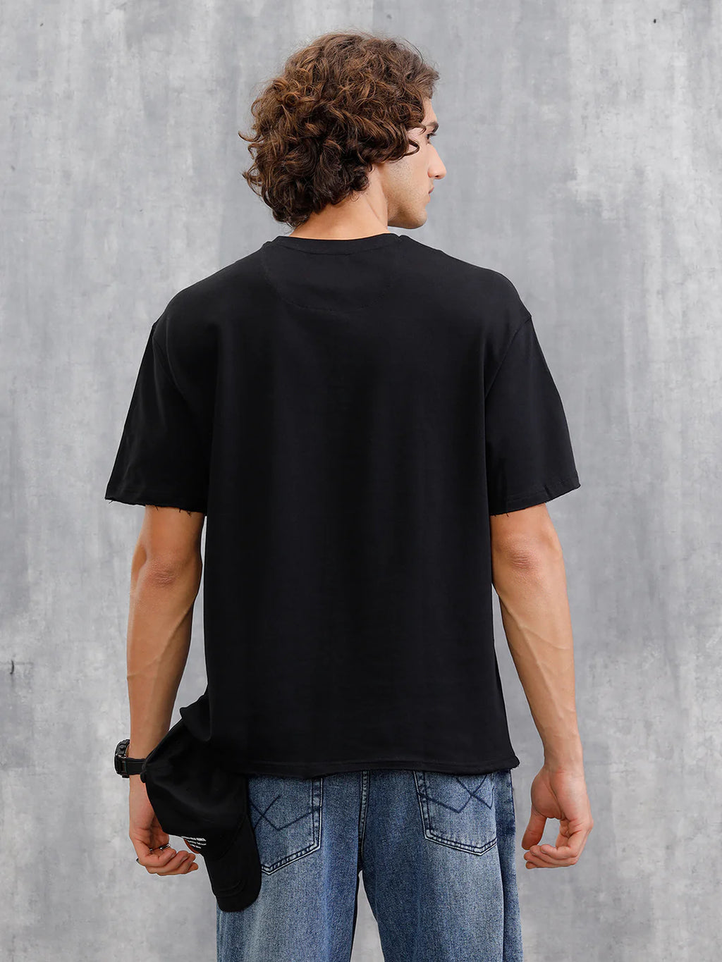 Solid Oversized T-Shirt With Printed Canvas Patch And Raw Edge Detail | Black