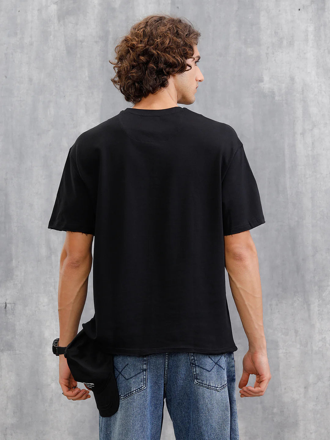 Solid Oversized T-Shirt With Printed Canvas Patch And Raw Edge Detail | Black