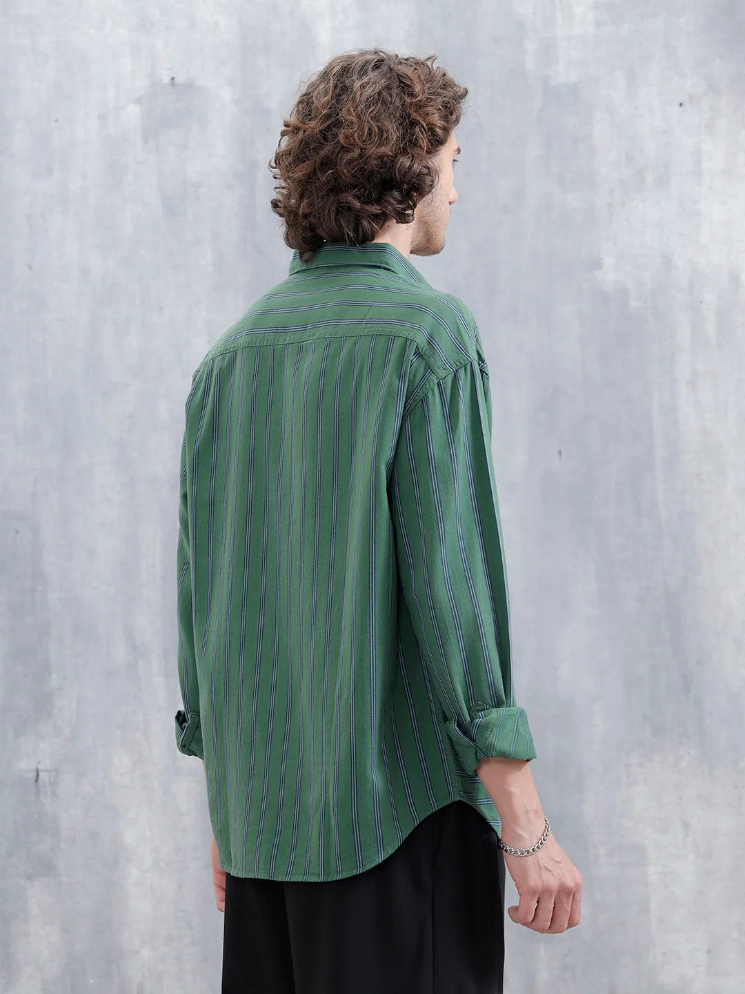 Asymmetrical Striped Oversized Shirt For Men | Dark Green