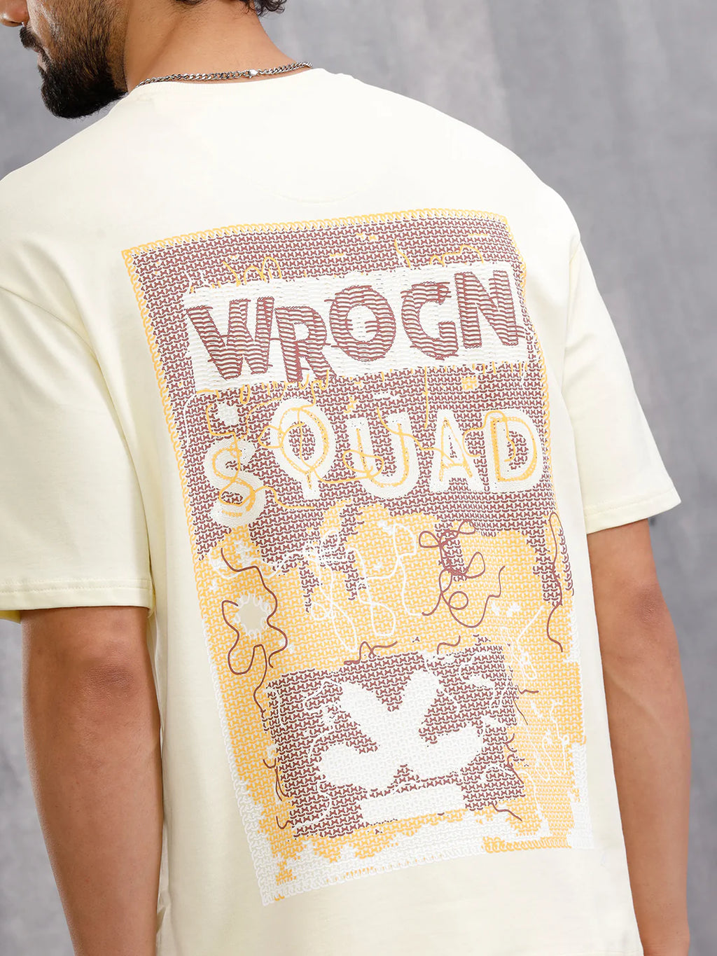 Frayed Yarn Look "Wrogn Squad" Oversized Back Print Crew Neck T-Shirt | Yellow