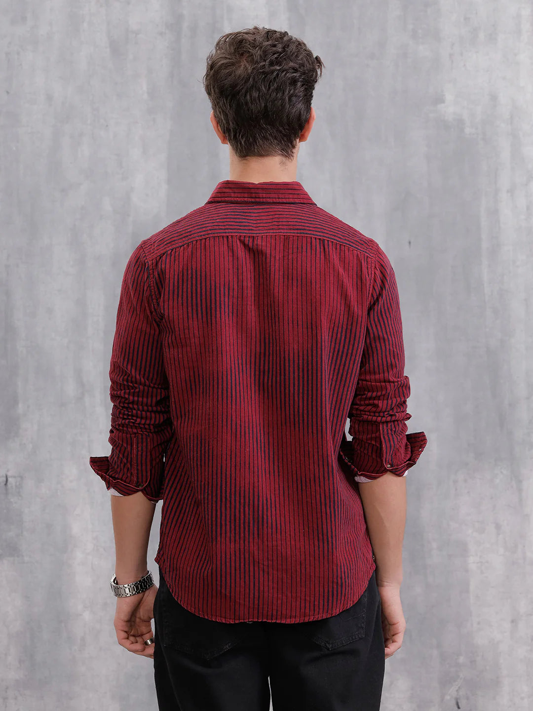 Corduroy Lenticular Stripe Print Shirt | Dark Maroon