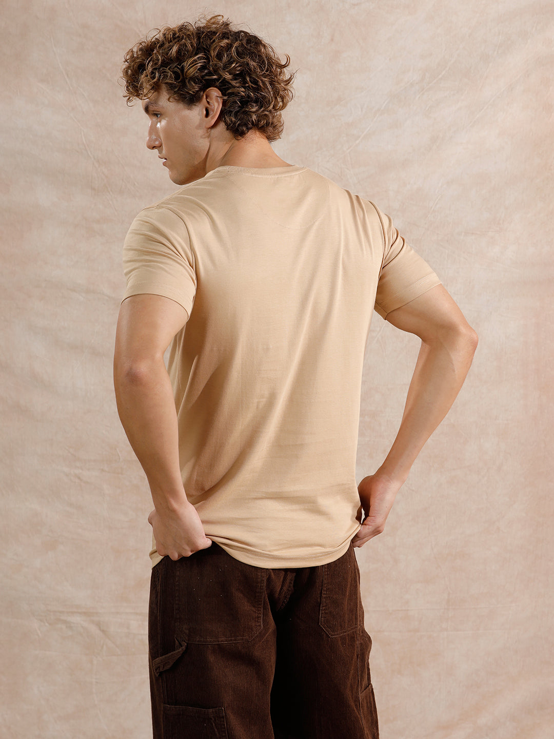 Gold Foil Print Slim Fit T-Shirt | Beige