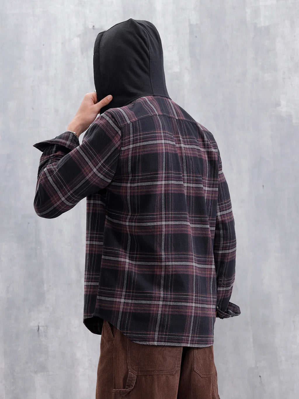 Brushed Flannel Hooded Slim Fit Check Shirt | Black