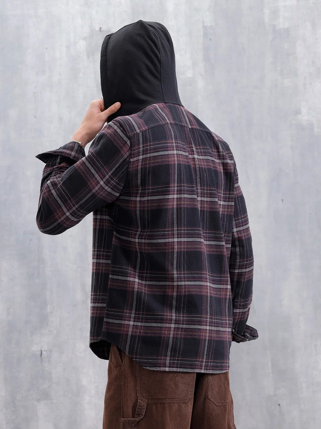 Brushed Flannel Hooded Slim Fit Check Shirt | Black