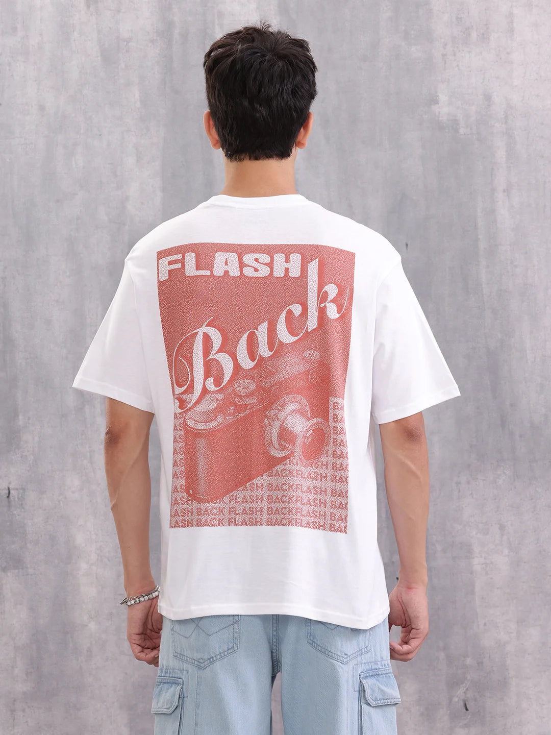 Retro Poster Back Graphic Printed Oversized Fit T-shirt | White