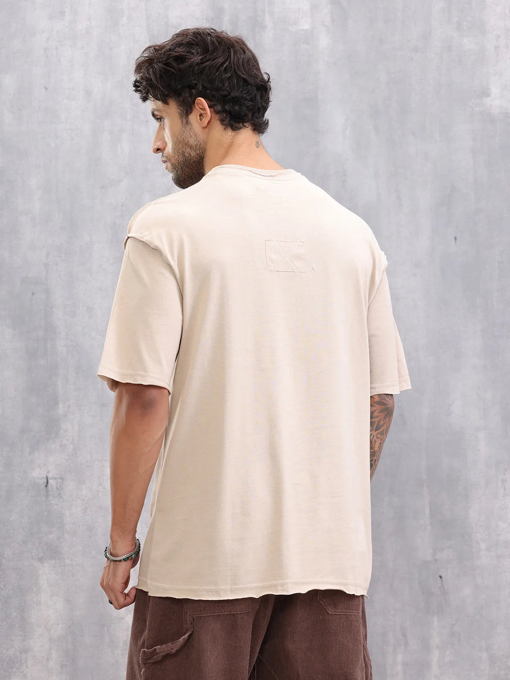 Raw Edge Oversized Fit T-shirt With Flat Lock Detail | Beige