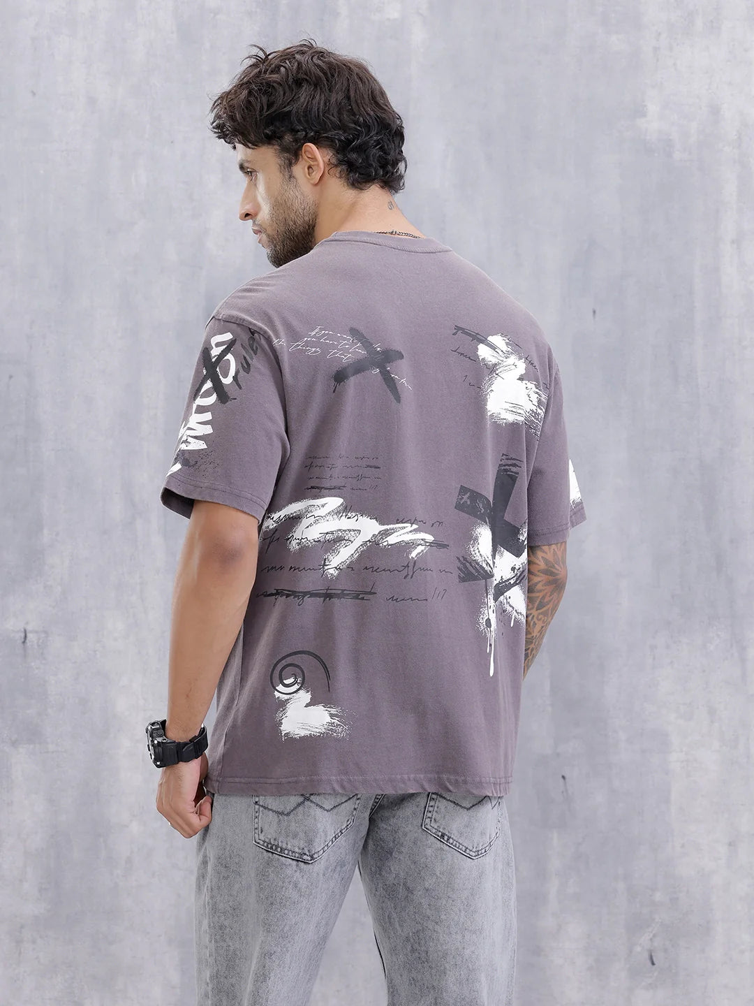 Grafitti Inspired Acid Washed Placement Print Oversized Fit T-Shirt | Grey