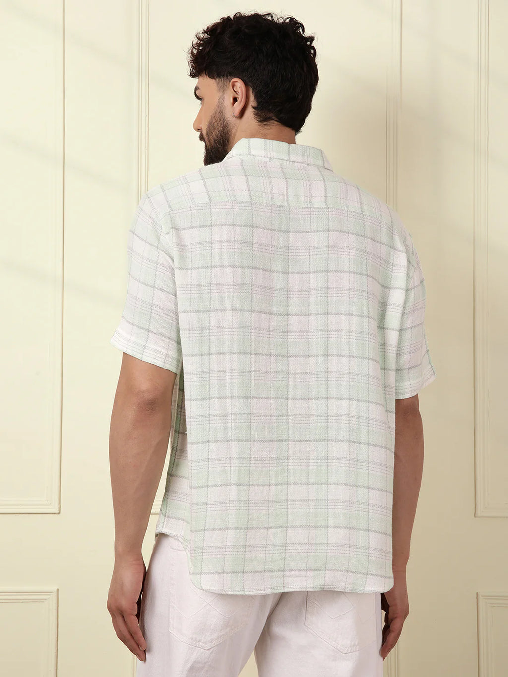 Checked Short Sleeve Textured Shirt | Light Green