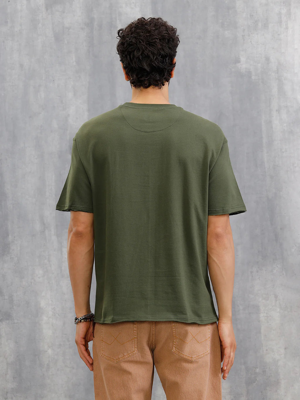 Solid Oversized T-Shirt With Printed Canvas Patch And Raw Edge Detail | Olive