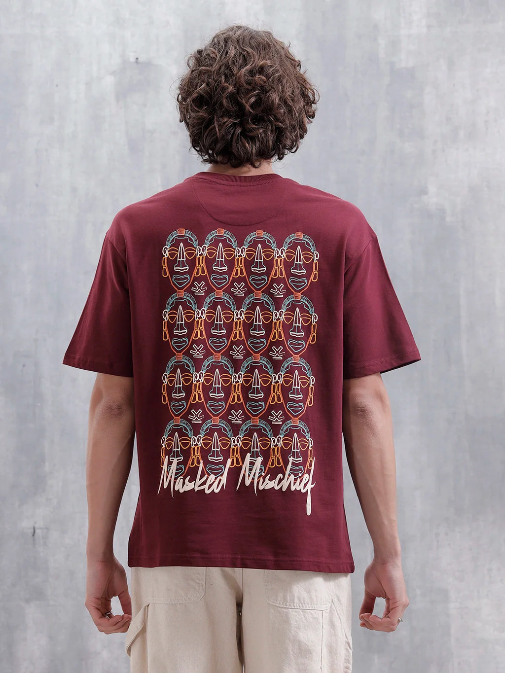 Mythical Faces Oversized Cotton Back Print T-Shirt | Maroon